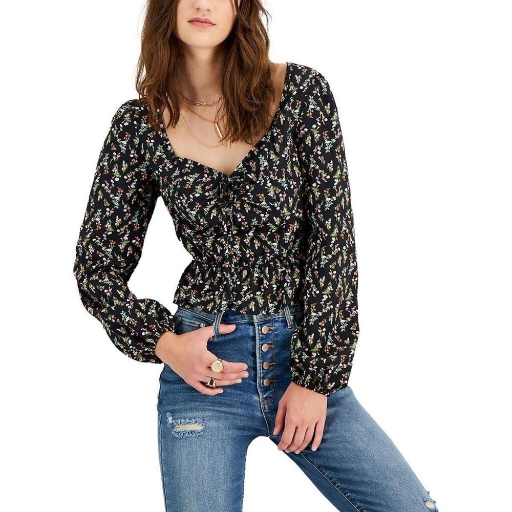 Kingston Grey‎ Womens Juniors Floral Puff Sleeve Peplum Top Size XS